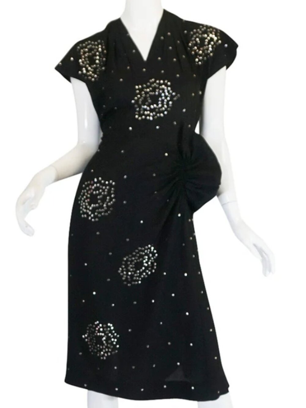 1940s Studded Hip Flare Black Crepe Black Dress